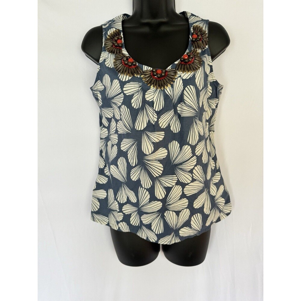 Boden Cotton Beaded Blue White Sleeveless Top Shirt Heart Women's Size US 4